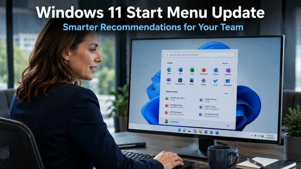 Business professional looking at an improved Windows 11 Start menu on a desktop monitor in a modern office, representing the Windows 11 Start menu update and smarter Recommendations feature