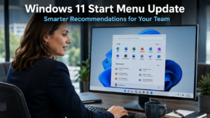 Business professional looking at an improved Windows 11 Start menu on a desktop monitor in a modern office, representing the Windows 11 Start menu update and smarter Recommendations feature