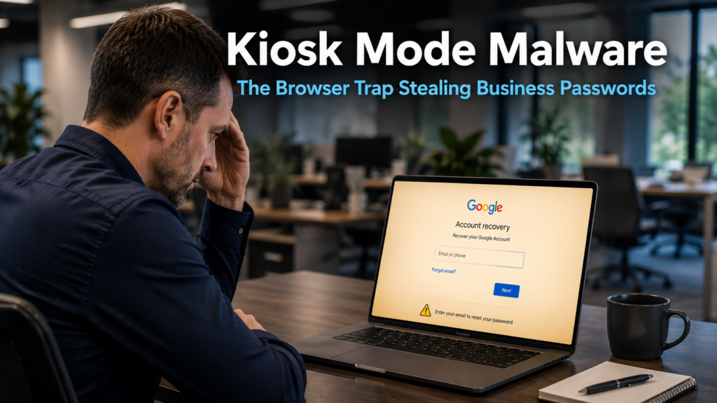 Business professional looking alarmed at a laptop screen locked in full screen mode showing a fake Google login page, representing the kiosk mode malware threat targeting business users
