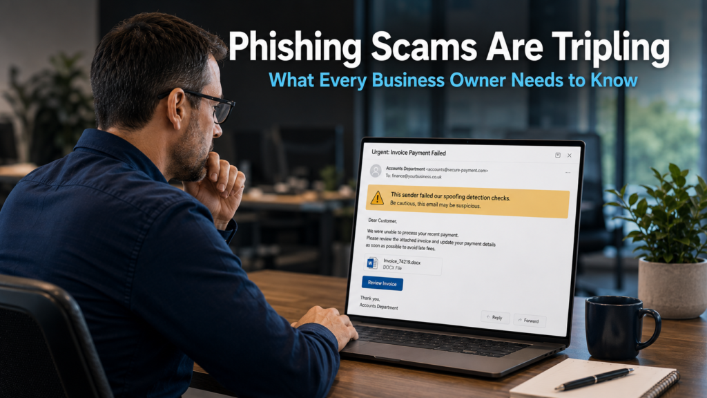 Business professional looking cautiously at a suspicious email on a laptop in a modern office environment, representing the growing threat of phishing scams targeting business employees