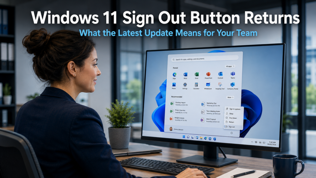 Business professional using a Windows 11 desktop in a modern office, looking at the Start menu with the sign out option clearly visible, representing the return of the Windows 11 sign out button in the latest update