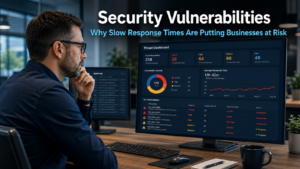 IT professional reviewing a security vulnerability alert on a monitor displaying a threat dashboard in a modern office, representing the business risk of slow response to security vulnerabilities