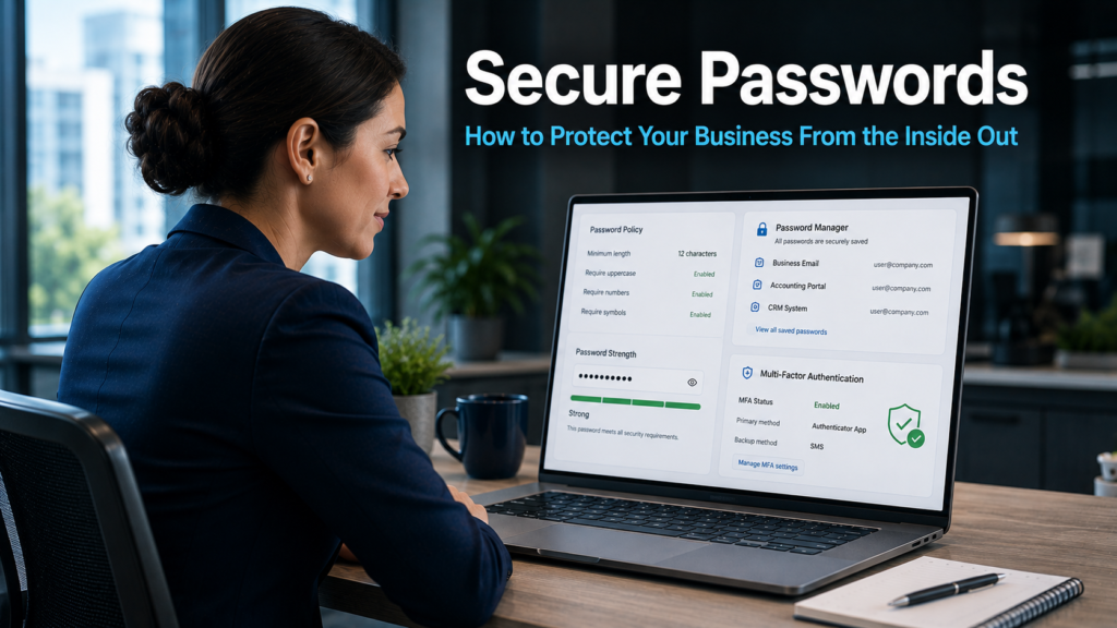 Business professional reviewing a password security policy on a laptop in a modern office, representing the importance of secure passwords for protecting business data