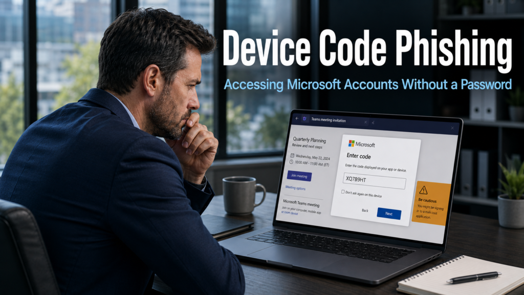 Business professional looking cautiously at a Microsoft login screen on a laptop showing a device code entry prompt, representing the threat of device code phishing attacks targeting Microsoft accounts