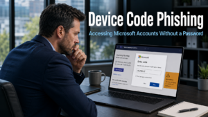 Business professional looking cautiously at a Microsoft login screen on a laptop showing a device code entry prompt, representing the threat of device code phishing attacks targeting Microsoft accounts