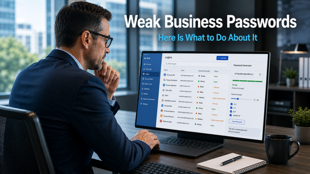 Business professional reviewing a password manager and security policy on a laptop in a modern office, representing the need to replace weak business passwords with stronger credentials