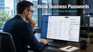 Business professional reviewing a password manager and security policy on a laptop in a modern office, representing the need to replace weak business passwords with stronger credentials