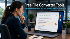 Business professional pausing before downloading a free file converter tool on a laptop in a modern office, representing the ransomware risk hidden inside free online file converter tools