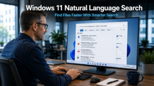 Business professional typing a plain English search query into Windows 11 search on a desktop monitor in a modern office, representing the Windows 11 natural language search feature