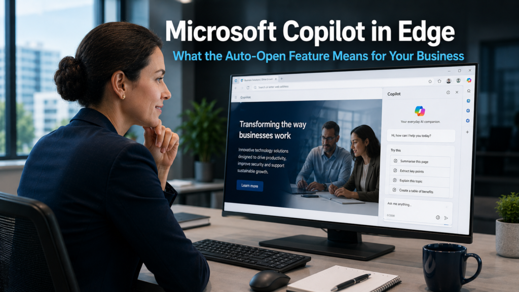 Business professional using Microsoft Edge browser with the Copilot AI sidebar open on a monitor in a modern office, representing the Microsoft Copilot in Edge auto-open feature