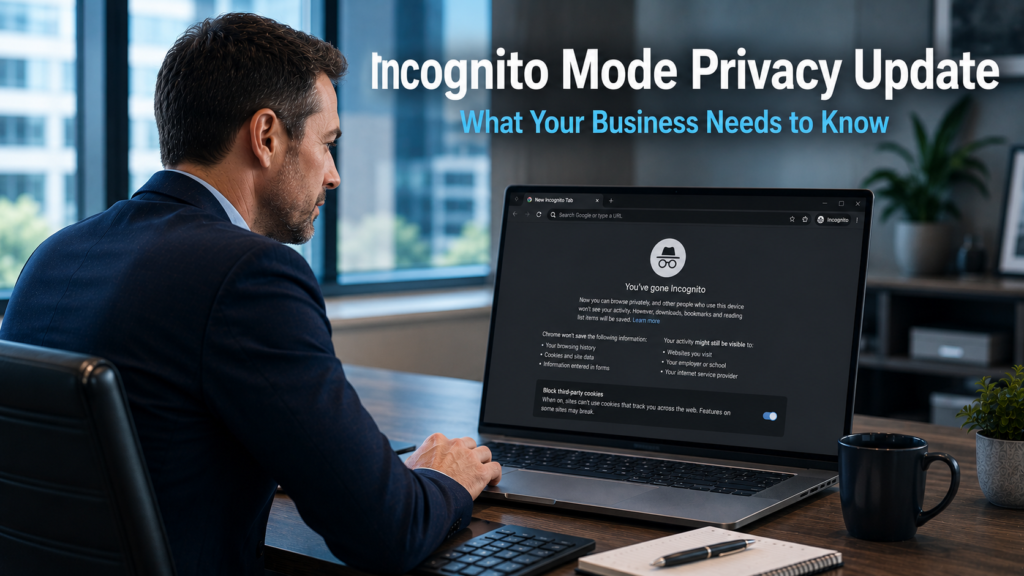 Business professional browsing in Incognito mode on a laptop in a modern office, representing the Incognito mode privacy update and what it means for business users
