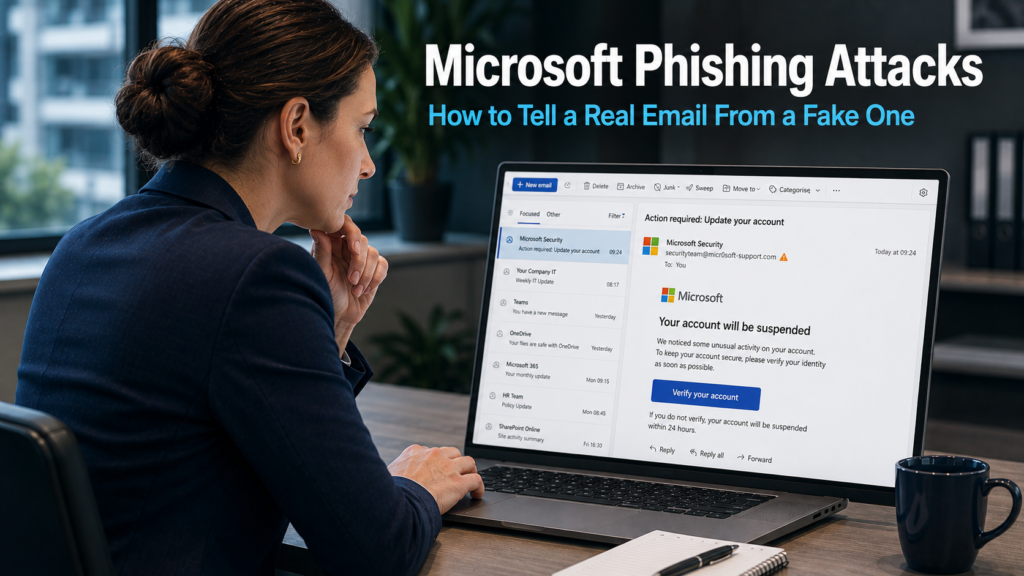Business professional closely examining a suspicious Microsoft-branded email on a laptop screen in a modern office, representing the threat of Microsoft phishing attacks targeting business users