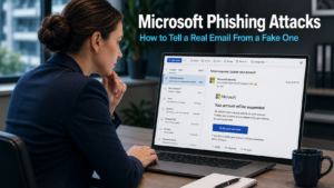 Business professional closely examining a suspicious Microsoft-branded email on a laptop screen in a modern office, representing the threat of Microsoft phishing attacks targeting business users