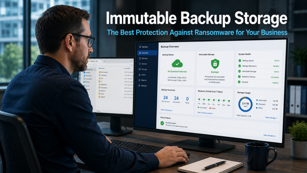 Business professional reviewing a secure cloud backup dashboard on a monitor in a modern office, representing the protection offered by immutable backup storage against ransomware attacks