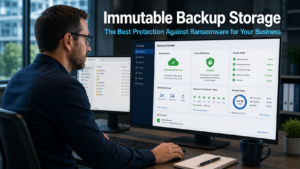 Business professional reviewing a secure cloud backup dashboard on a monitor in a modern office, representing the protection offered by immutable backup storage against ransomware attacks