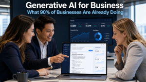 Business professionals collaborating around a laptop using generative AI tools in a modern office setting, representing the widespread adoption of generative AI for business productivity