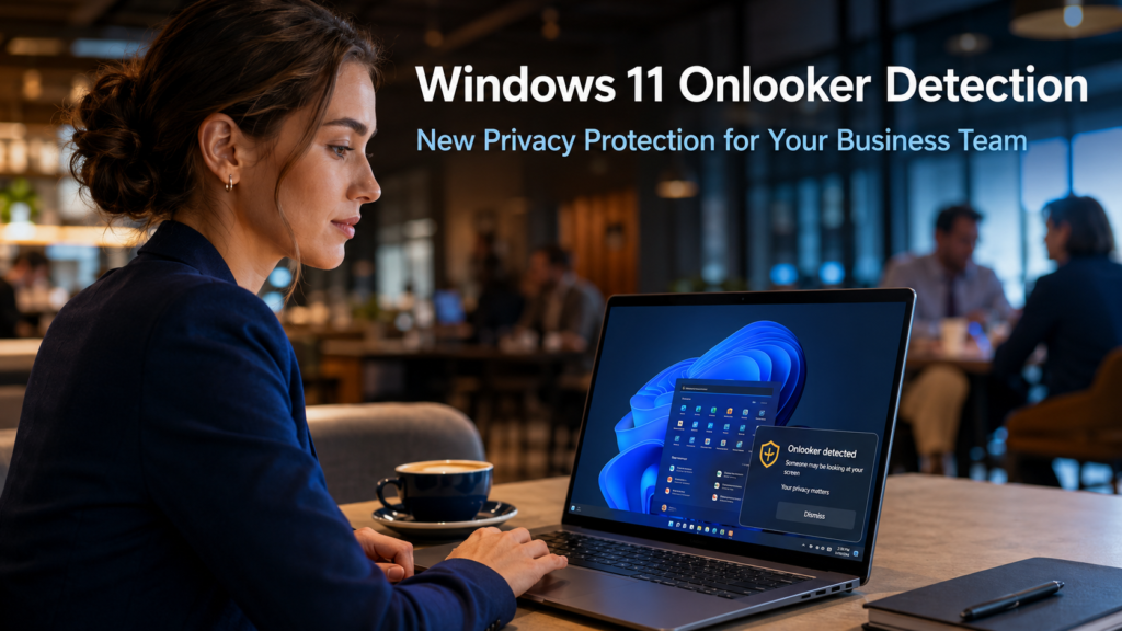 Business professional working on a laptop in a public space with a Windows 11 privacy alert notification visible on screen, representing the Windows 11 Onlooker Detection feature protecting sensitive business data
