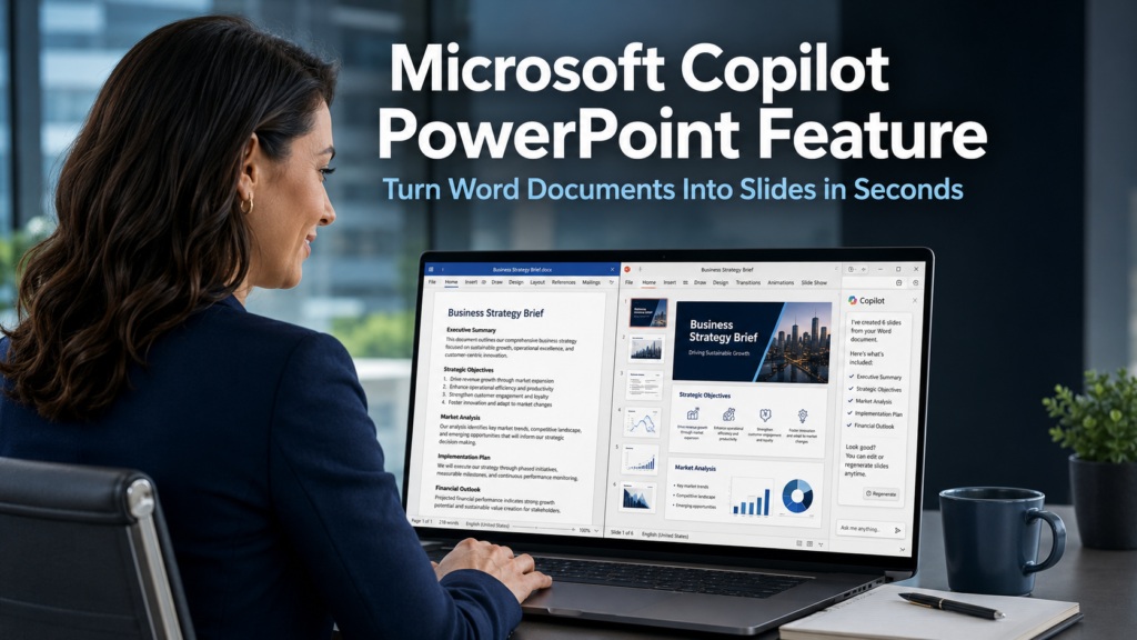 Business professional using the Microsoft Copilot PowerPoint feature to convert a Word document into presentation slides on a laptop in a modern office
