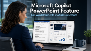 Business professional using the Microsoft Copilot PowerPoint feature to convert a Word document into presentation slides on a laptop in a modern office