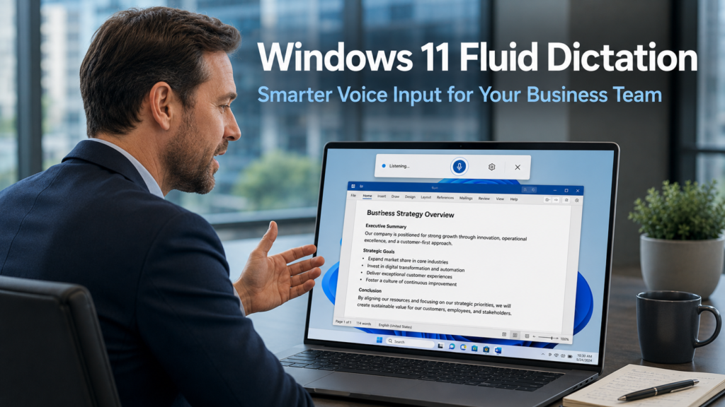 Business professional dictating notes into a Windows 11 laptop in a modern office with text appearing cleanly on screen, representing the Windows 11 Fluid Dictation feature for business productivity