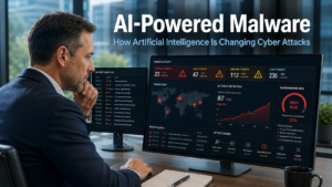 Business owner reviewing a cyber security threat alert on a security dashboard monitor in a modern office, representing the growing threat of AI-powered malware targeting businesses