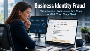 Business professional reviewing a suspicious payment request email on a laptop in a modern office, representing the growing threat of business identity fraud targeting smaller businesses