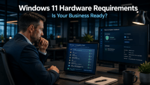 Business professional reviewing Windows 11 hardware requirements on a laptop in a modern office, with a security notification on screen