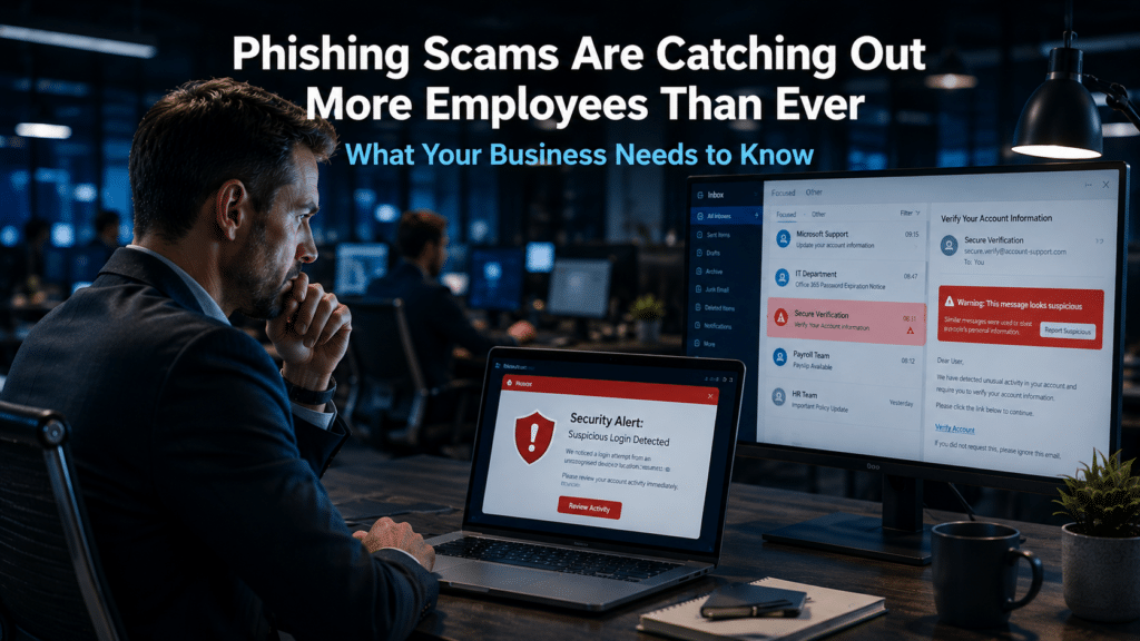 Business professional viewing a phishing scam warning on a laptop screen in a professional office environment