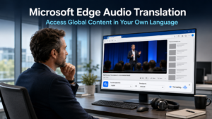 Business professional watching a translated international training video on Microsoft Edge with an audio translation toolbar visible on screen in a modern office, representing the Microsoft Edge audio translation feature