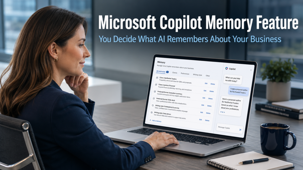 Business professional reviewing the Microsoft Copilot memory management settings on a laptop in a modern office, representing the new Microsoft Copilot memory feature giving users control over what AI retains