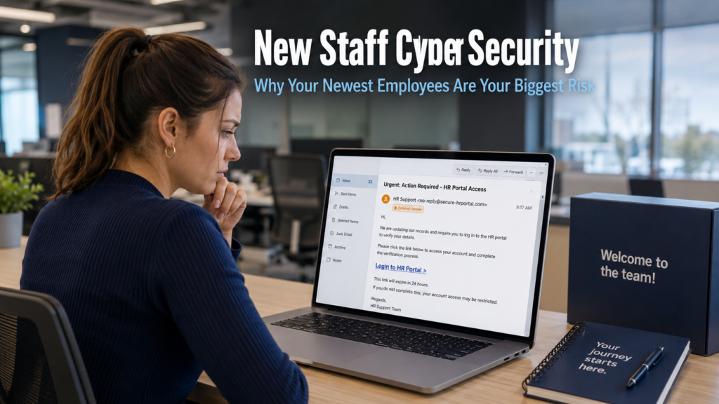 New employee sitting at a desk reviewing a suspicious email on a laptop during onboarding in a modern office, representing the new staff cyber security risk businesses face during the onboarding period