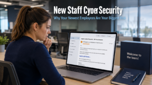 New employee sitting at a desk reviewing a suspicious email on a laptop during onboarding in a modern office, representing the new staff cyber security risk businesses face during the onboarding period