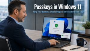 Business professional signing in to a Windows 11 laptop using a fingerprint reader with a passkey confirmation on screen, representing the improved passkeys in Windows 11 experience for businesses