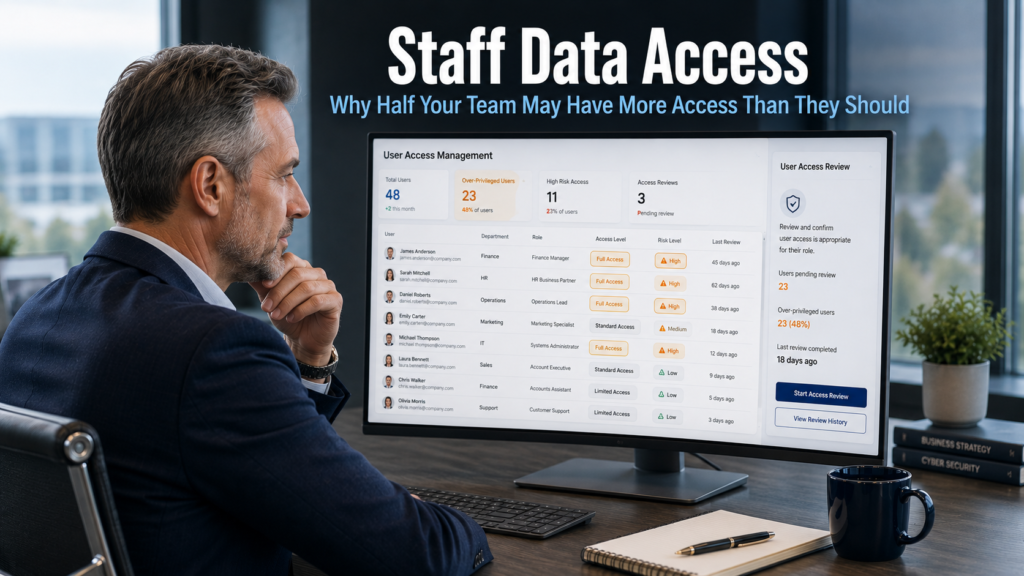 Business owner reviewing a user access permissions dashboard on a monitor in a modern office, representing the risk of excessive staff data access and the need for access control review