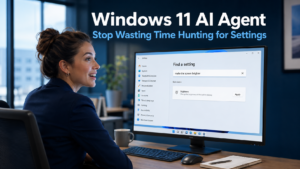 Business professional typing a plain English query into the Windows 11 Settings search box on a desktop monitor, representing the Windows 11 AI Agent feature that helps users find settings without navigating menus