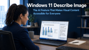 Business professional using the Windows 11 Describe Image feature on a laptop to get an AI-generated description of a complex chart in a presentation, representing the accessibility and productivity benefits of the feature