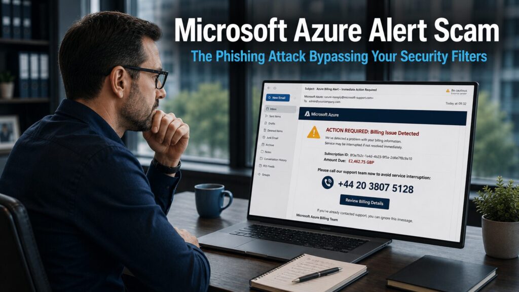 Business professional pausing to verify a suspicious Microsoft Azure billing alert email on a laptop in a modern office, representing the Microsoft Azure alert scam bypassing standard email security filters