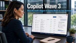 Business professional reviewing a Microsoft 365 Copilot AI agent dashboard on a laptop in a modern office, representing the new capabilities introduced in Copilot Wave 3 and the importance of staying in control as AI takes on more responsibilit
