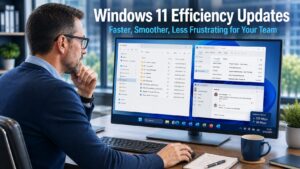 Business professional working at a fast and responsive Windows 11 desktop in a modern office, representing the Windows 11 efficiency updates making everyday computing smoother and less frustrating for business teams