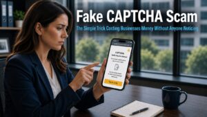 Business professional pausing before tapping a suspicious CAPTCHA verification prompt on a smartphone that asks them to send a text message, representing the fake CAPTCHA scam targeting business users