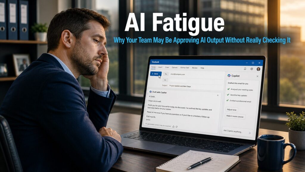 Business professional looking tiredly at a laptop screen late in the working day with a Microsoft Copilot drafted email visible and their hand hovering over the send button, representing the risk of AI fatigue and approving AI output without proper review