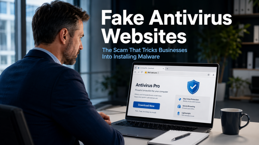 Business professional looking cautiously at a suspicious antivirus download page on a laptop in a modern office, representing the threat of fake antivirus websites that trick businesses into installing malware