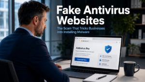 Business professional looking cautiously at a suspicious antivirus download page on a laptop in a modern office, representing the threat of fake antivirus websites that trick businesses into installing malware