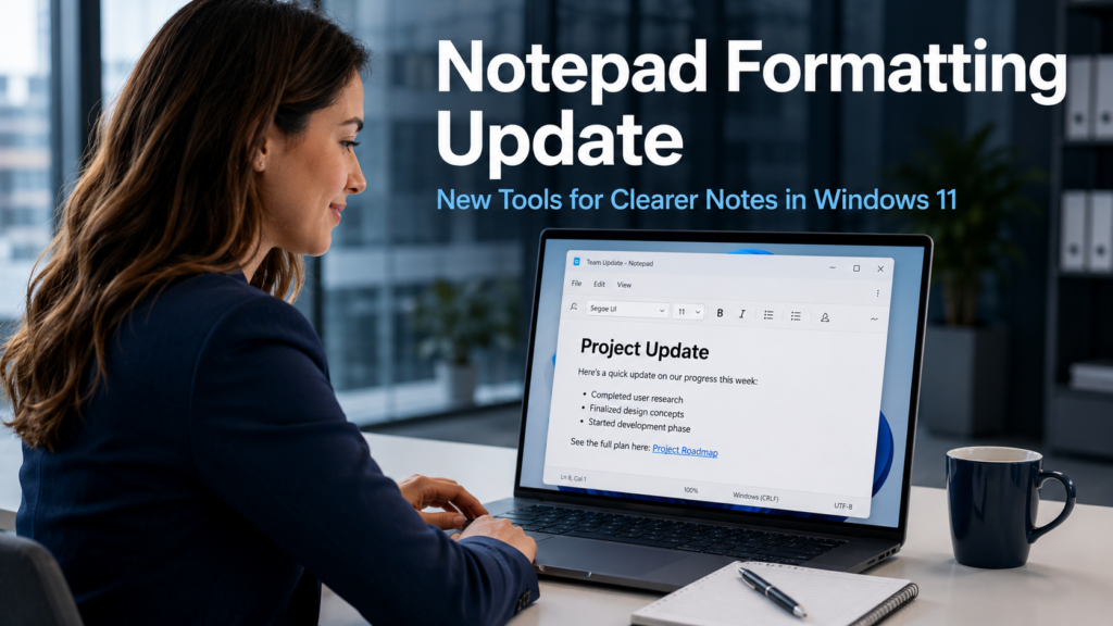 Business professional typing formatted notes in the updated Windows 11 Notepad application on a laptop in a modern office, representing the new Notepad formatting update adding bold text, headings, and bullet points