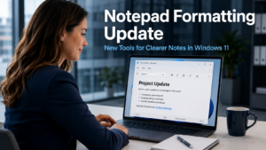 Business professional typing formatted notes in the updated Windows 11 Notepad application on a laptop in a modern office, representing the new Notepad formatting update adding bold text, headings, and bullet points