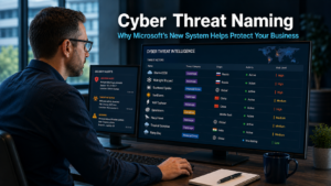 Security professional reviewing a cyber threat intelligence dashboard showing unified hacking group identifiers on a monitor in a modern office, representing the importance of consistent cyber threat naming for business protection