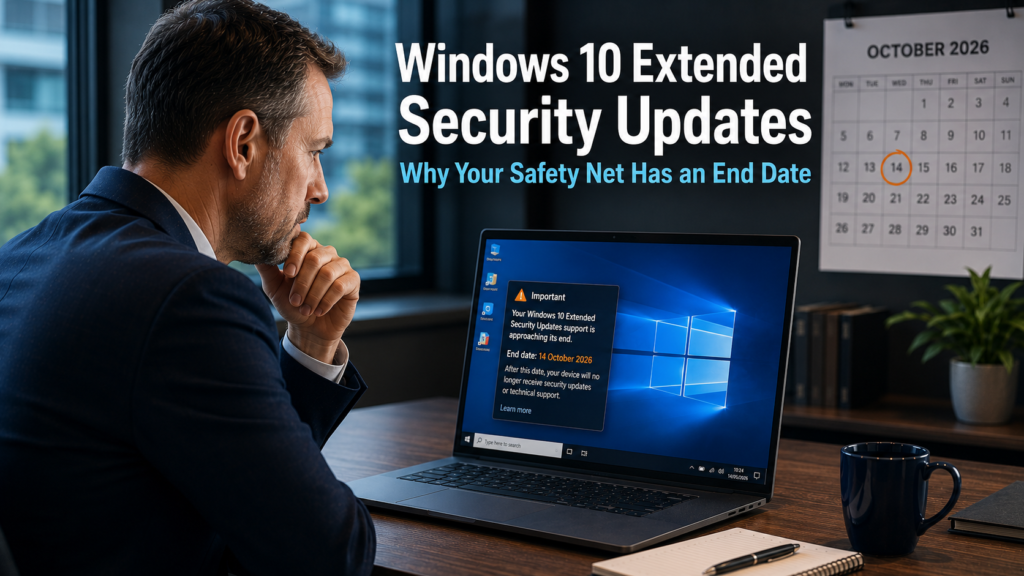 Business professional reviewing a Windows 10 end of extended support notification on a laptop in a modern office, representing the approaching end of Windows 10 Extended Security Updates and the need to plan a Windows 11 upgradeBusiness professionals in a meeting reviewing an AI project roadmap on a laptop in a modern office, representing the challenge of AI projects stalling and how to build momentum for business AI initiatives