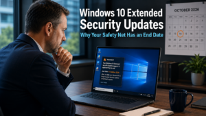Business professional reviewing a Windows 10 end of extended support notification on a laptop in a modern office, representing the approaching end of Windows 10 Extended Security Updates and the need to plan a Windows 11 upgradeBusiness professionals in a meeting reviewing an AI project roadmap on a laptop in a modern office, representing the challenge of AI projects stalling and how to build momentum for business AI initiatives