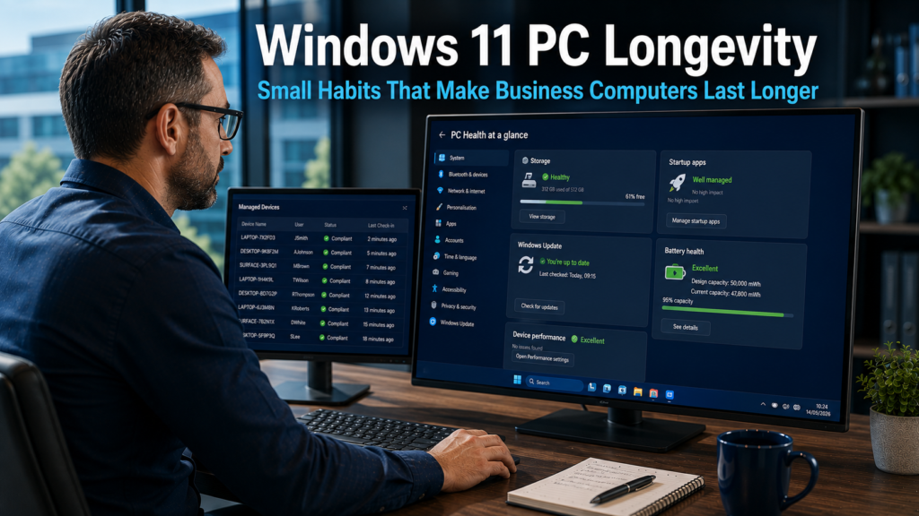 IT professional reviewing device health and performance settings on a Windows 11 desktop in a modern office, representing the practical habits that improve Windows 11 PC longevity for business computers