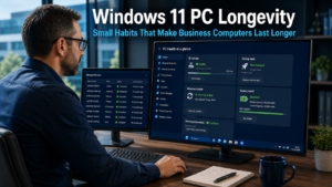 IT professional reviewing device health and performance settings on a Windows 11 desktop in a modern office, representing the practical habits that improve Windows 11 PC longevity for business computers
